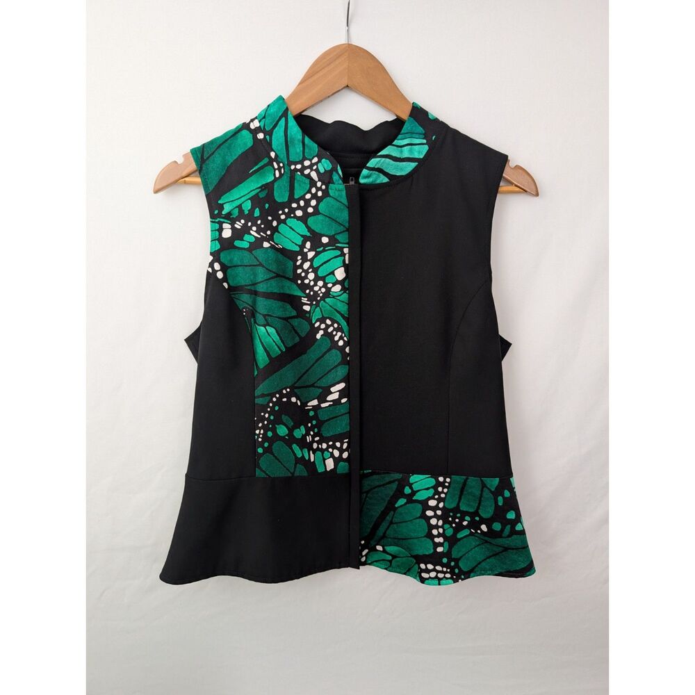 Pineda Covalin Silk Blend Monarch Butterfly Peplum Top Vest Green Black Sz L